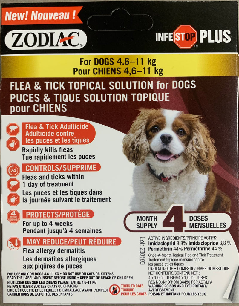 Zodiac Infestop PLUS Flea & Tick Topical Solution for Dogs, 4.5kg -11kg- 4 Tubes