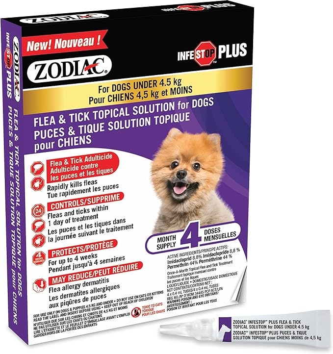 Zodiac Infestop PLUS Flea & Tick Topical Solution for Dogs, under 4.5kg - 4 Tubes