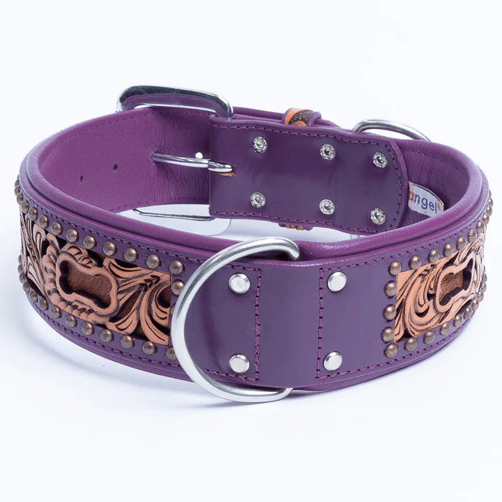 ANGEL "San Antonio" Hand-Carved Leather Collar 26" x 2" (Purple)