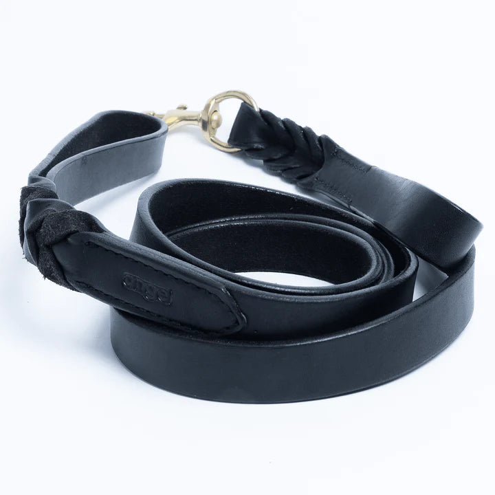 ANGEL "Braided Leash" (Double Handle) Leather Collar 6' x 1" (Black)