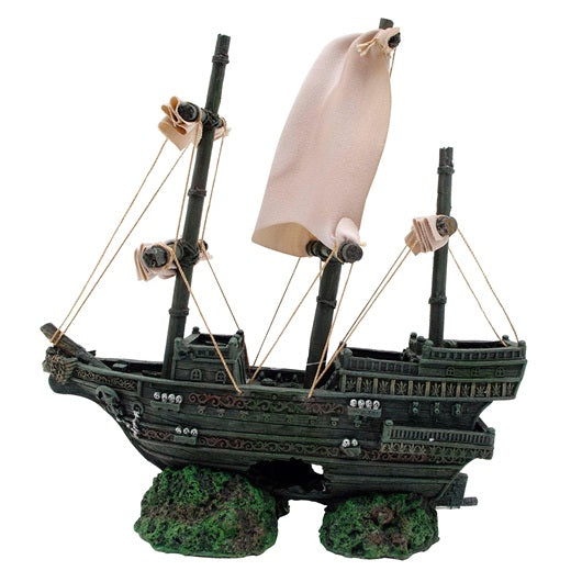 Marina Sunken Ship with Fabric Sails and Rope - Aquarium Ornament - Saltwater or Freshwater