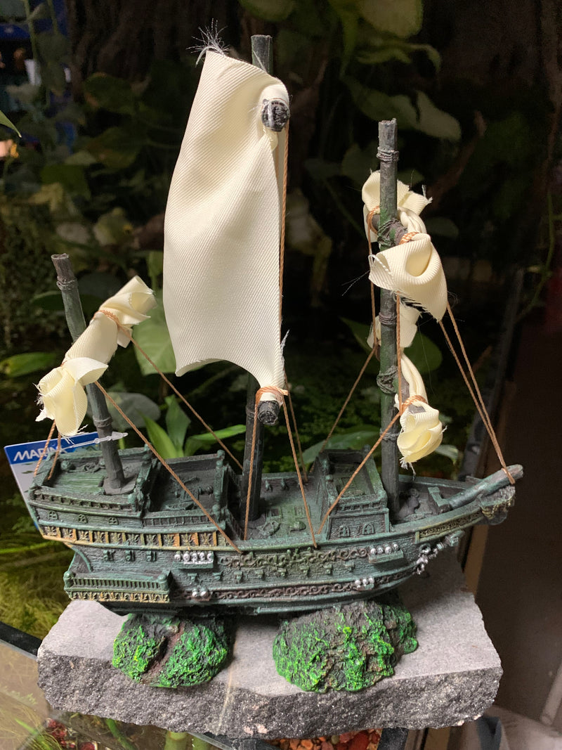 Marina Sunken Ship with Fabric Sails and Rope - Aquarium Ornament - Saltwater or Freshwater