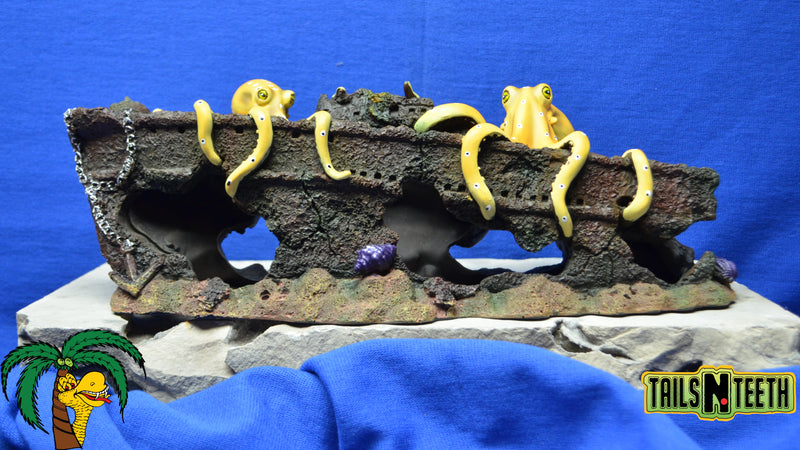 Octopus Sunken Ship Aquarium Ornament - 16"L x 5"H x 6.5"W ~ Poly Resin