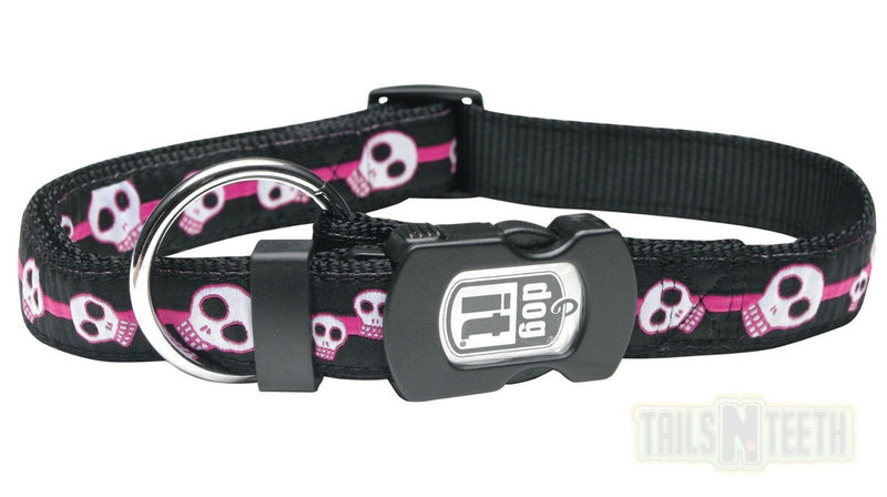 Dogit Style Nylon Ribbon Dog Leash & Collar Set - Electric Skulls, Pink, Medium